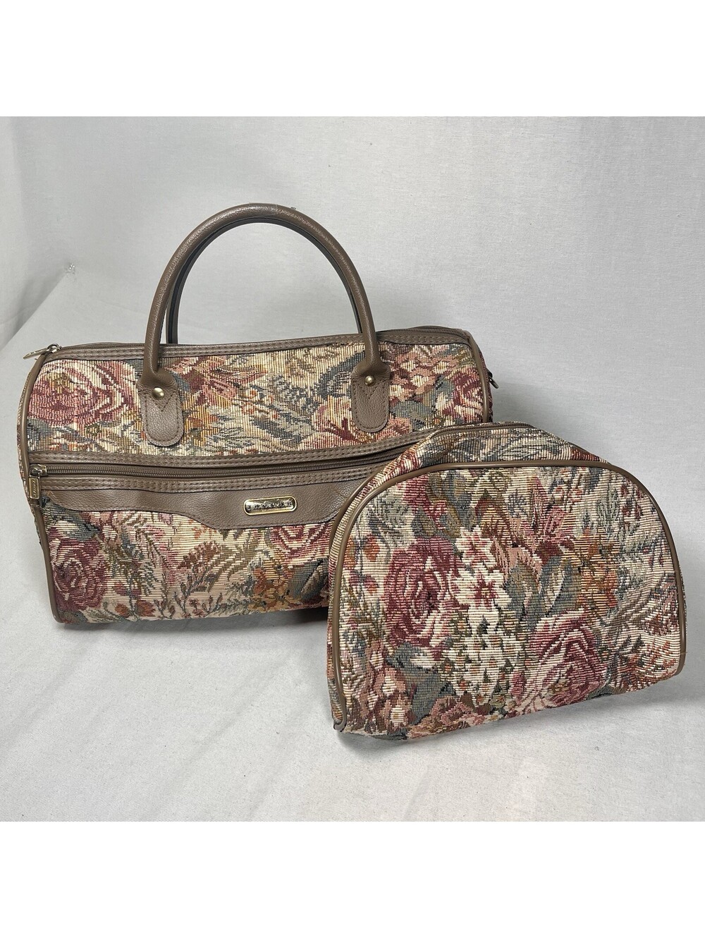 Jaguar Floral Tapestry Carpet Bag/ Makeup Bag- Two Bags - 15” And 12” - Vintage